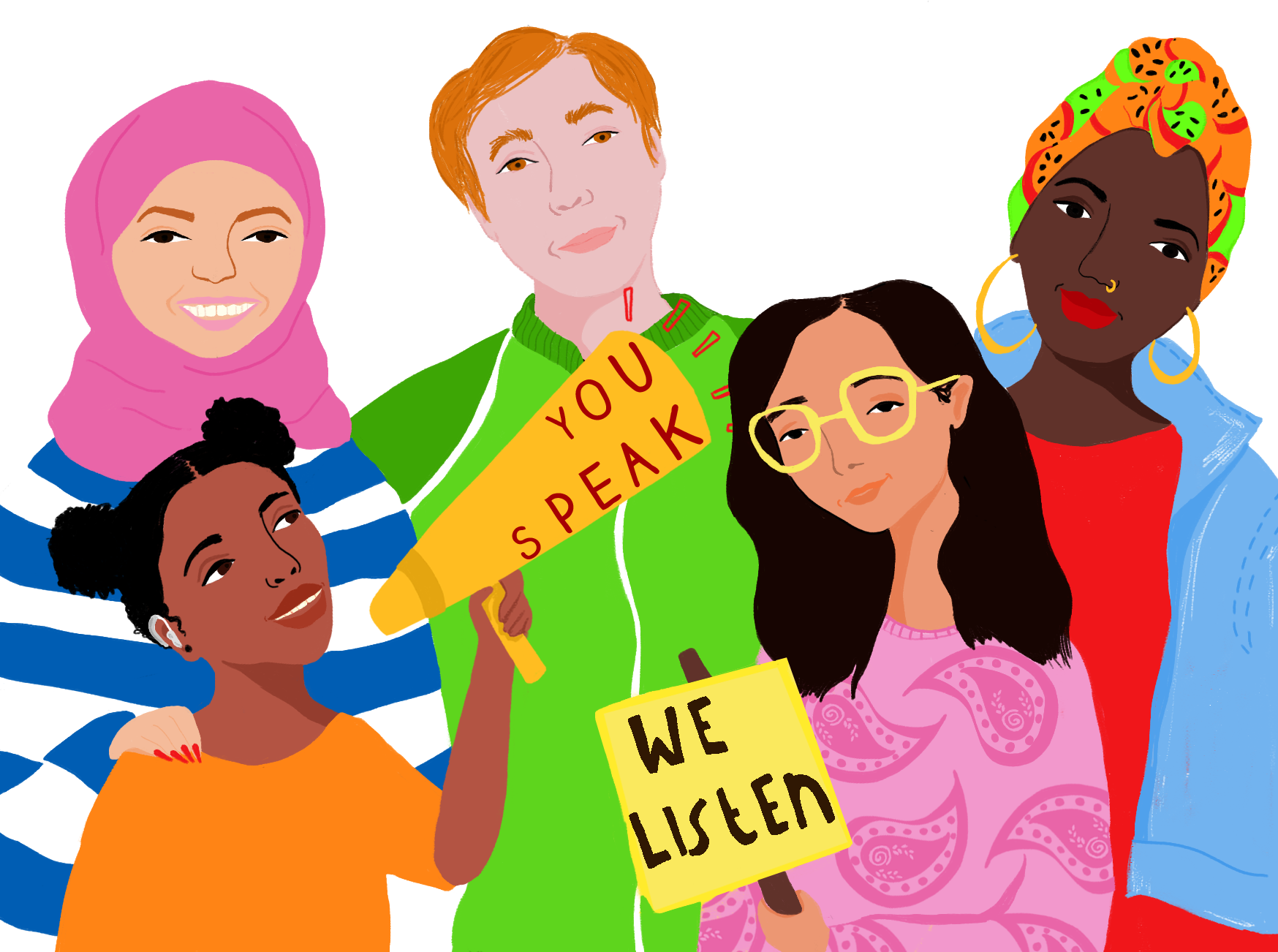a colourful drawing of a diverse group of young people with different ethnicities, gendered and abilities. They are holding a megaphone which says 'you speak' and a banner which says 'we listen'