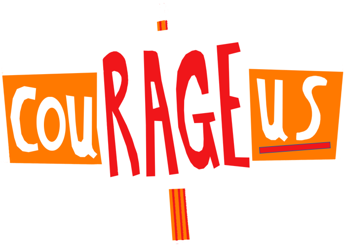 Courageous logo, three protest banners which spell out cou rage us