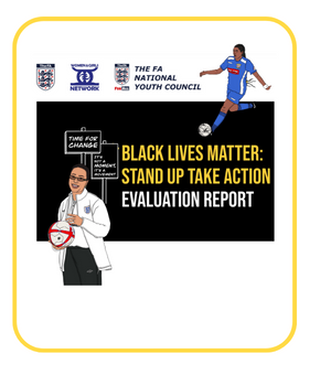 Black and yellow title page of the Black Lives Matter stand up take action report with drawings of Hope Powell and a Black girl playing football 